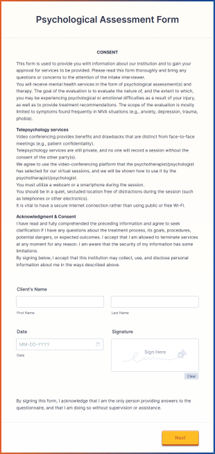 Psychological Assessment Form Template