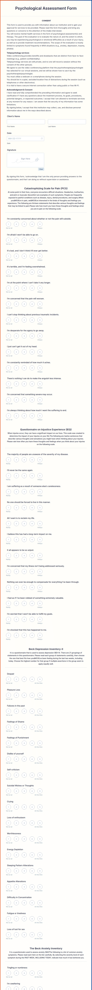 Psychological Assessment Form Template
