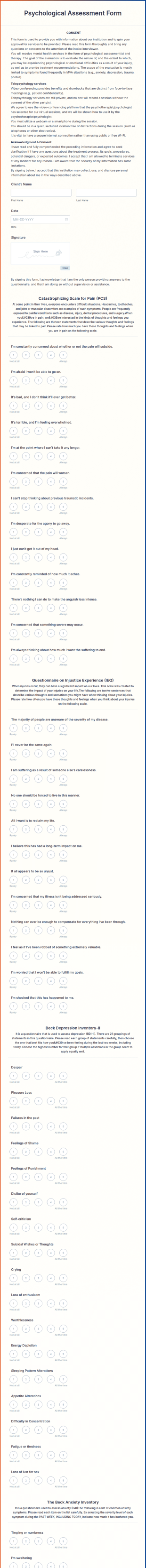 Psychological Assessment Form Template