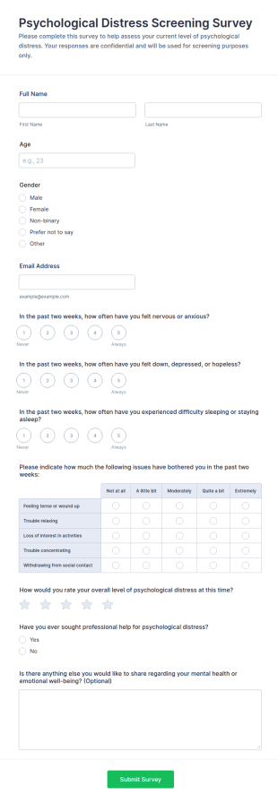 Psychological Distress Screening Survey Form Template