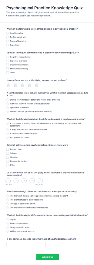 Psychological Practice Knowledge Quiz Form Template