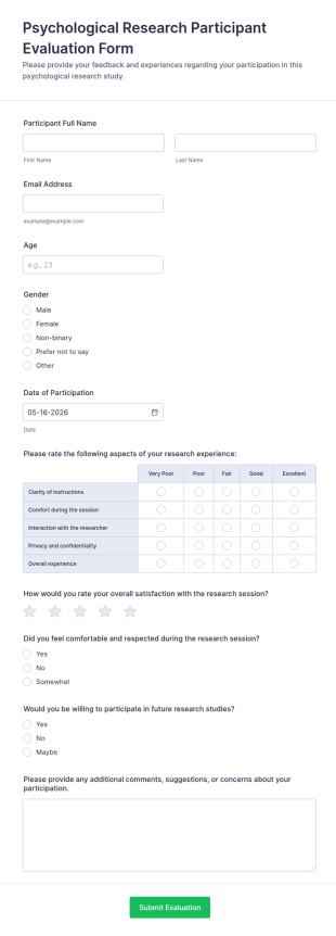 Psychological Research Participant Evaluation Form Template