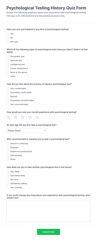 Psychological Testing History Quiz Form Template