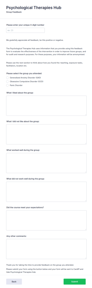 Psychological Therapies Hub Group Feedback Form Template