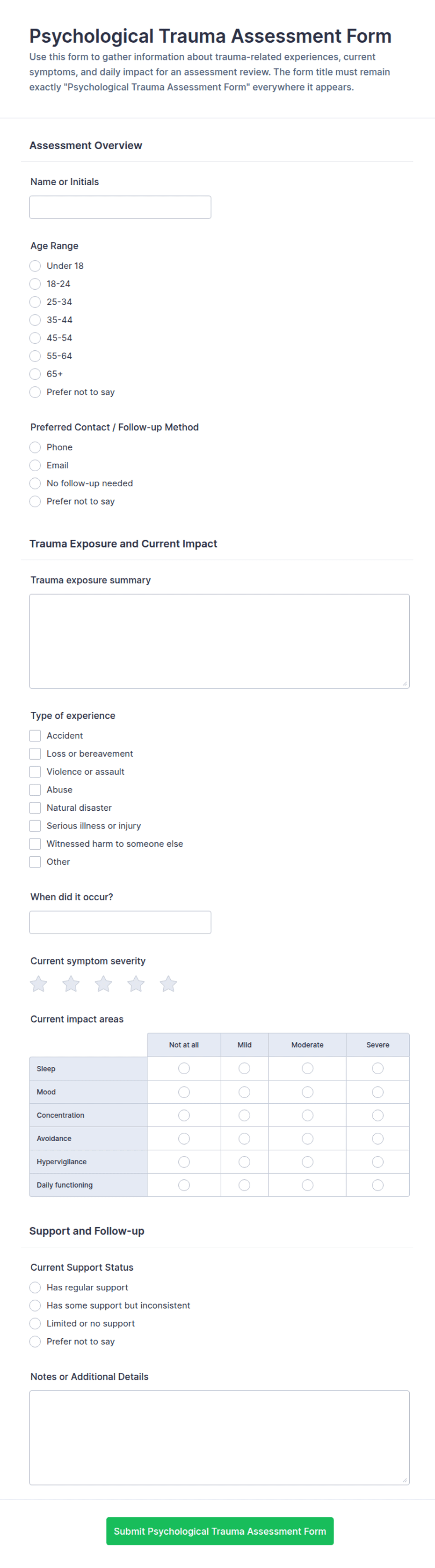 Psychological Trauma Assessment Form Template | Jotform
