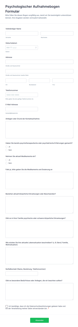 Psychologischer Aufnahmebogen Formular