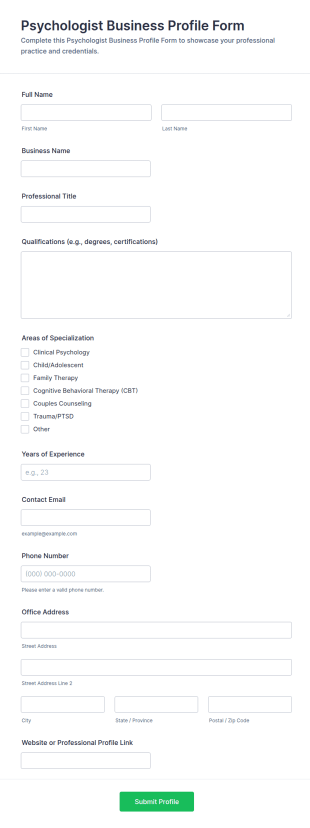 Psychologist Business Profile Form Template