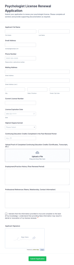 Psychologist License Renewal Application Form Template