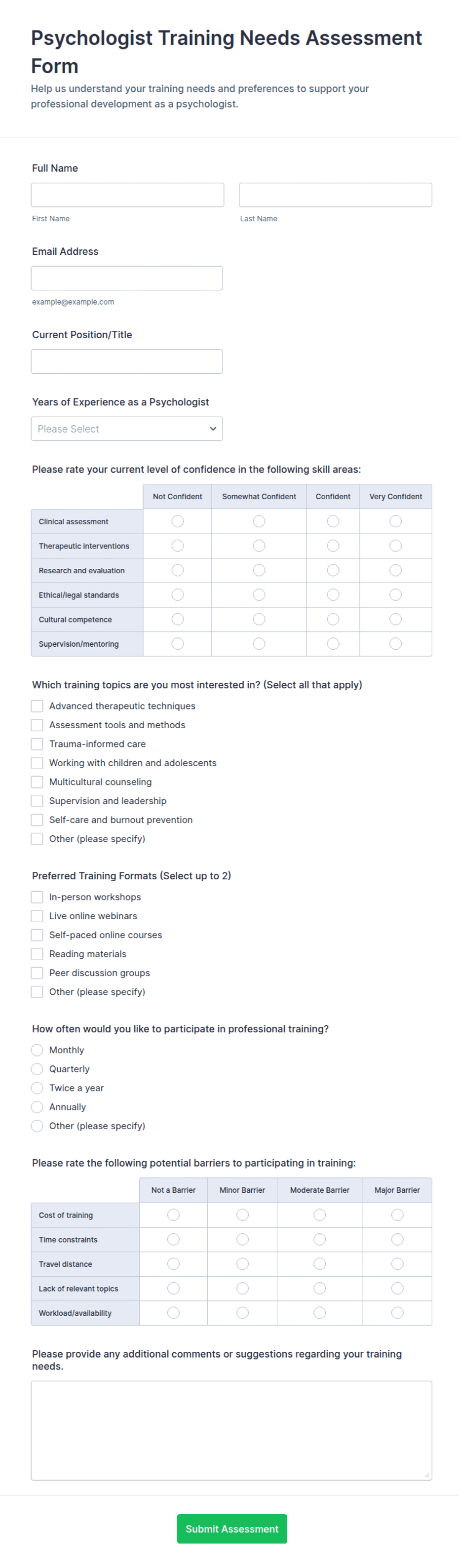 Psychologist Training Needs Assessment Form Template | Jotform