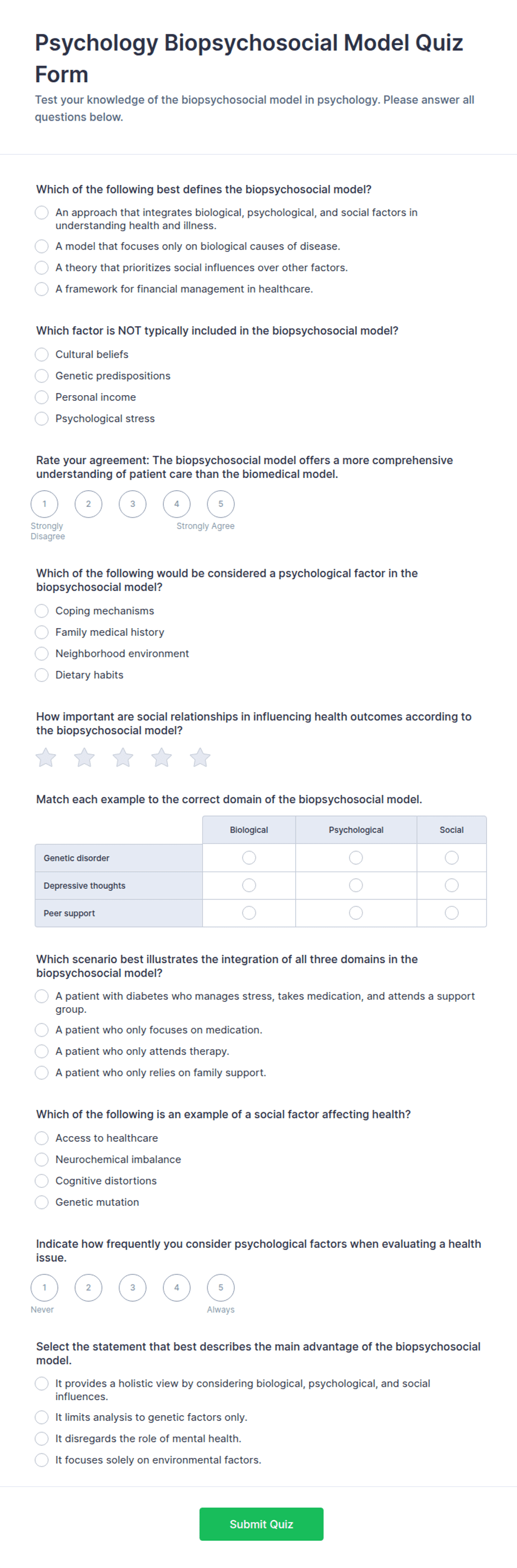 Psychology Biopsychosocial Model Quiz Form Template | Jotform