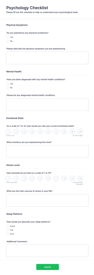 Psychology Checklist Form Template