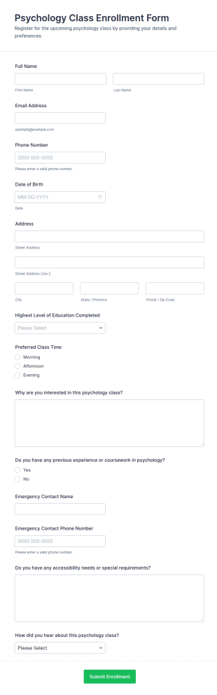 Psychology Class Enrollment Form Template