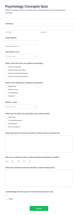 Psychology Concepts Quiz Form Template