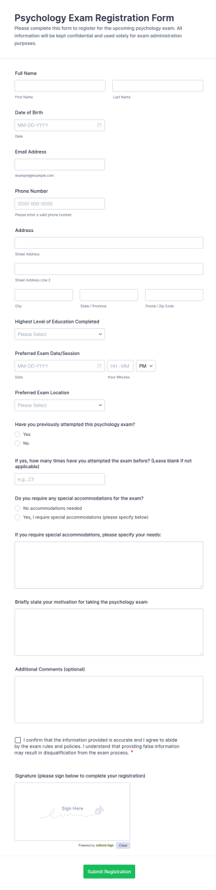 Psychology Exam Registration Form Template