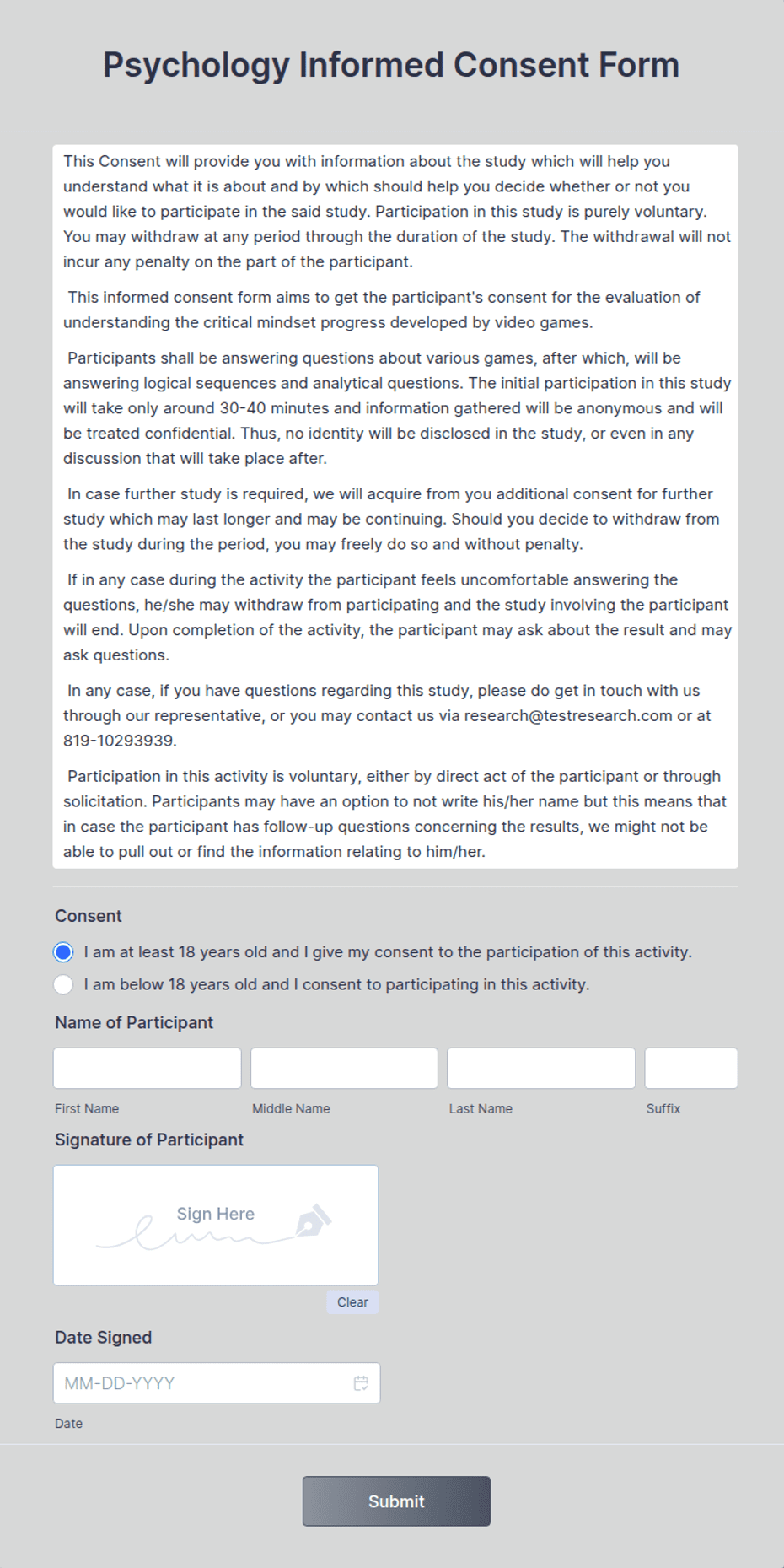 Psychology Informed Consent Form Template Jotform