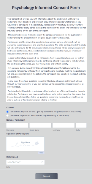 Psychology Informed Consent Form Template