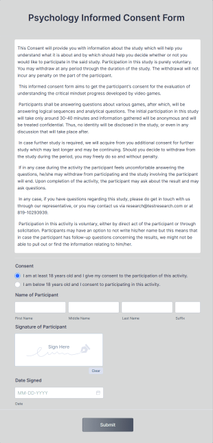 Psychology Informed Consent Form Template