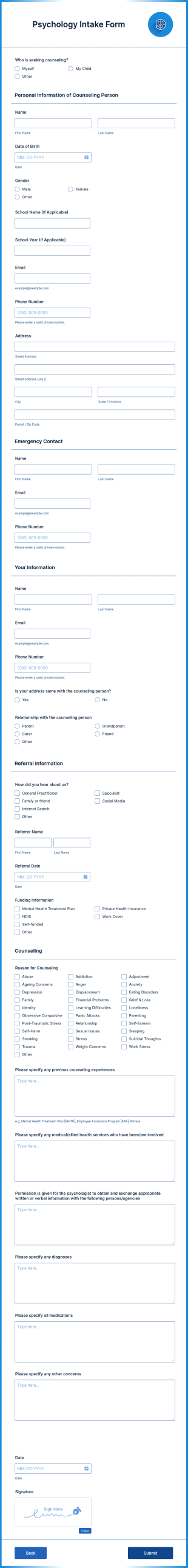 Psychology Intake Form Template