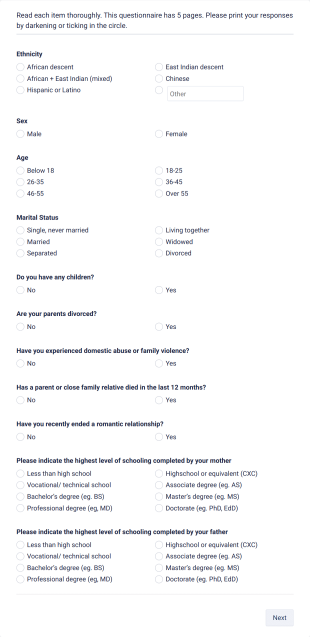 Psychology Questionnaire Template Form Template