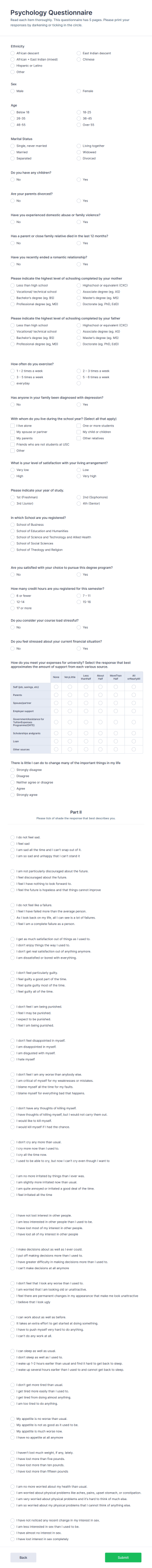 Psychology Questionnaire Form Template