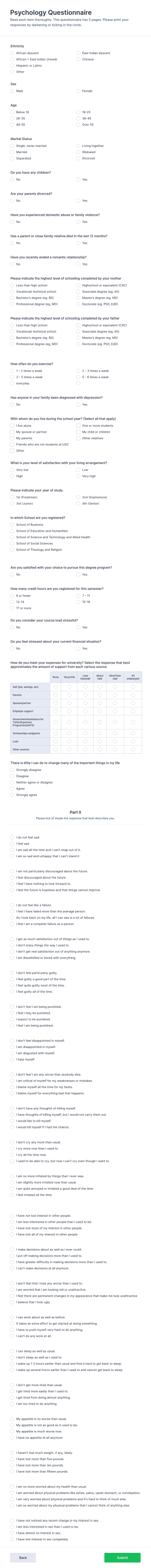 Psychology Questionnaire Form Template