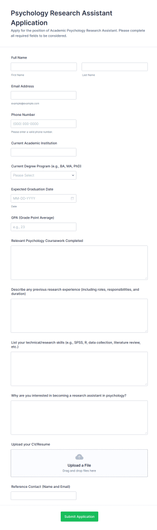Psychology Research Assistant Application Form Template