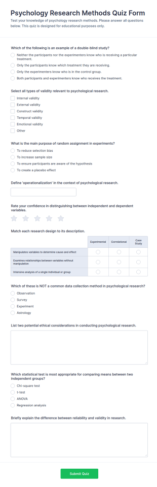 Psychology Research Methods Quiz Form Template