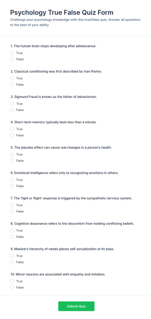 Psychology True False Quiz Form Template
