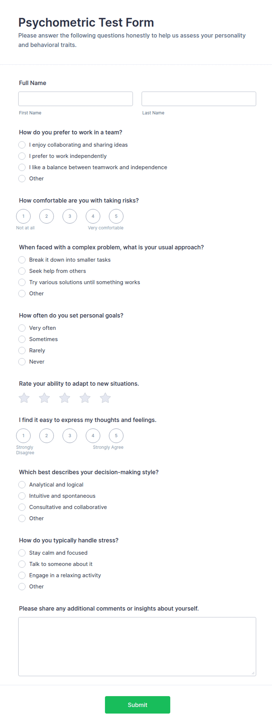 Psychometric Test Form Template | Jotform
