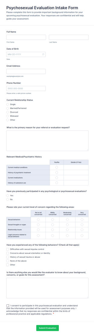 Psychosexual Evaluation Intake Form Template