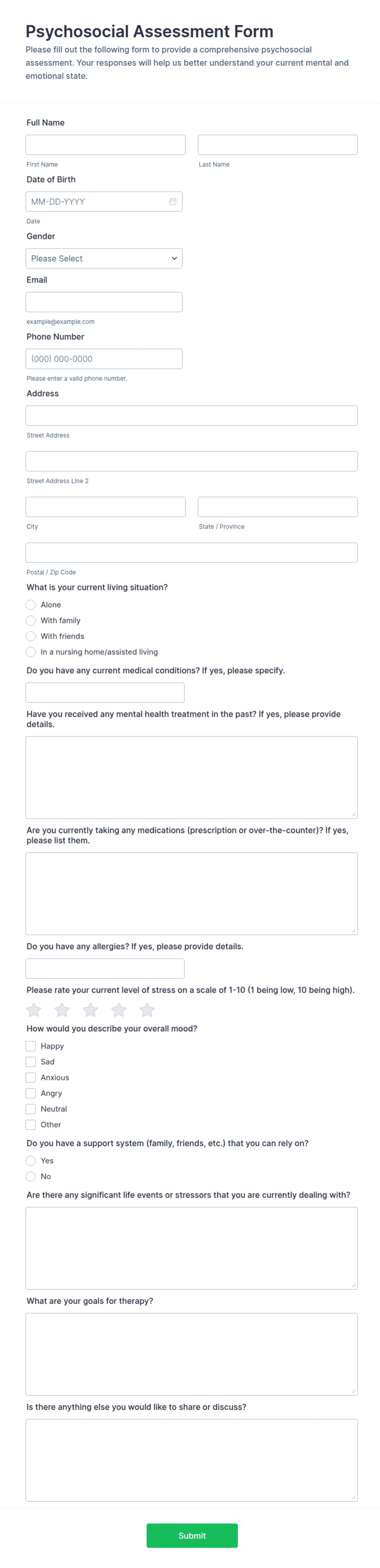 Psychosocial Risk Form Psychosocial Assessment Form Template | Jotform