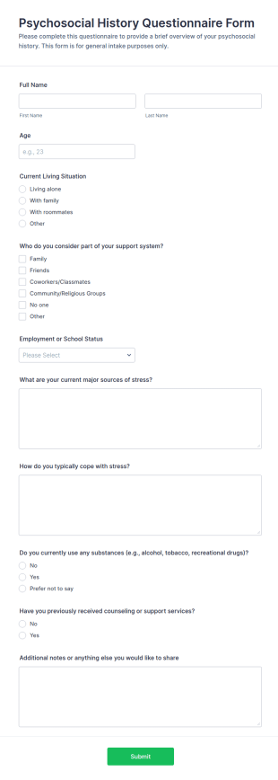 Psychosocial History Questionnaire Form Template