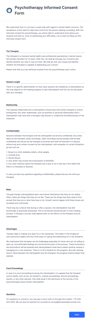 Psychotherapy Informed Consent Form Template