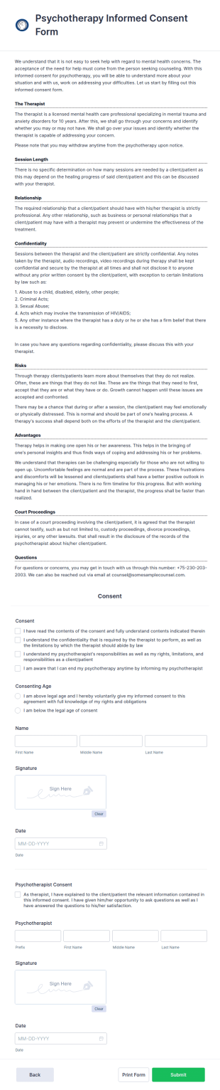 Psychotherapy Informed Consent Form Template