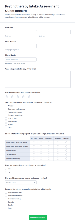 Psychotherapy Intake Assessment Form Template
