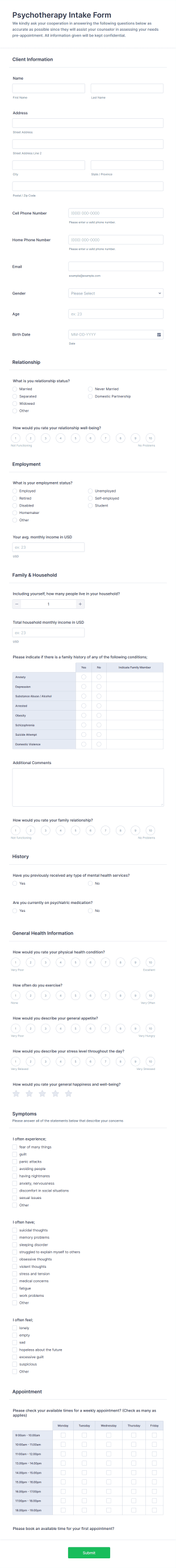 Psychotherapy Intake Form Template