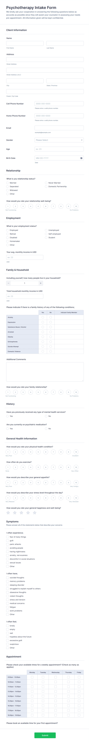 Psychotherapy Intake Form Template