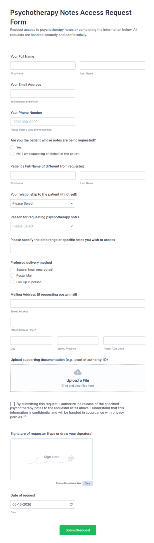 Psychotherapy Notes Access Request Form Template