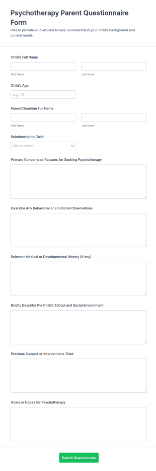 Psychotherapy Parent Questionnaire Form Template