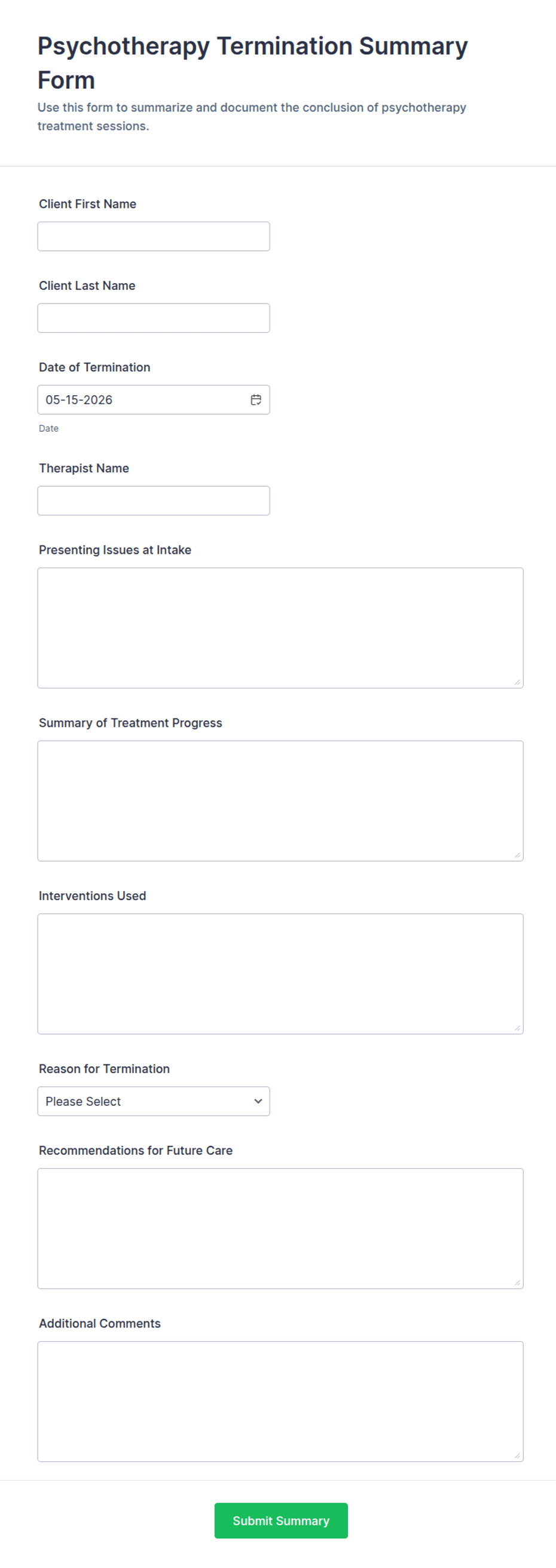 Termination Session Questionnaire.pdf Psychotherapy Termination Summary Form Template | Jotform