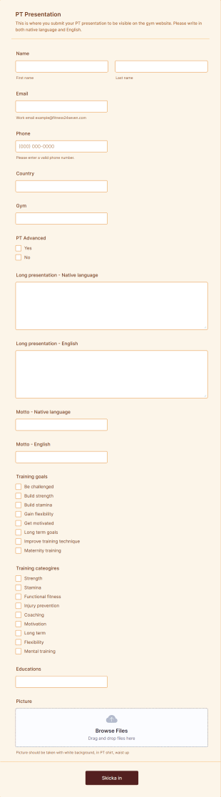 Personal Trainer Profile Submission Form Template