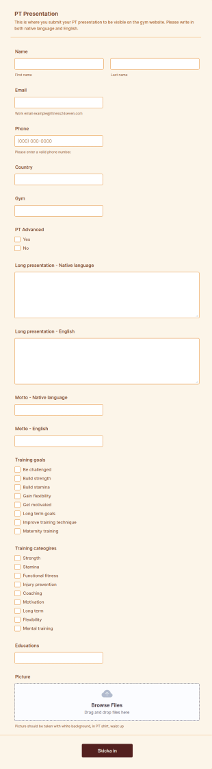 Personal Trainer Profile Submission Form Template
