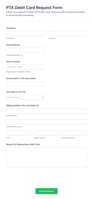 PTA Debit Card Request Form Template