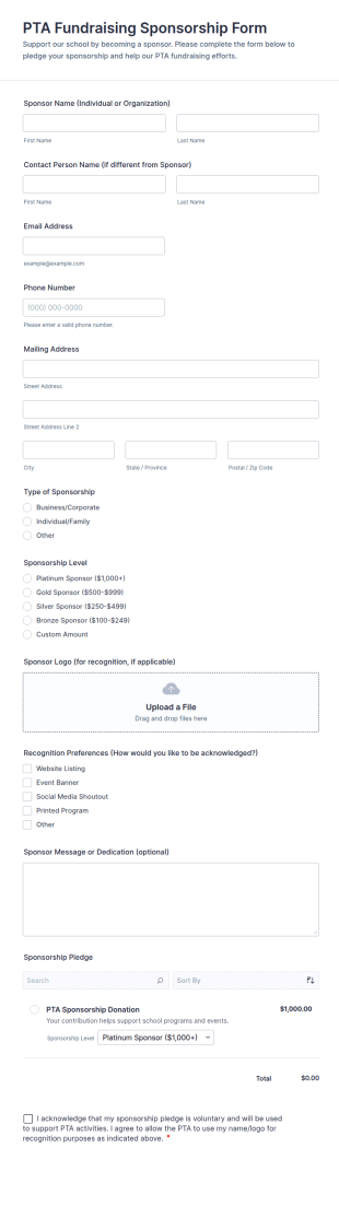 PTA Fundraising Sponsorship Form Template