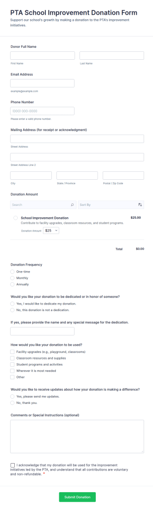 PTA School Improvement Donation Form Template