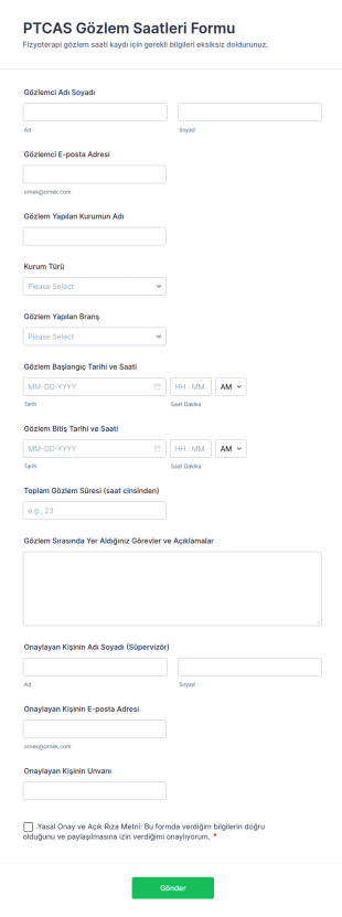 PTCAS Gözlem Saatleri Form Şablonu