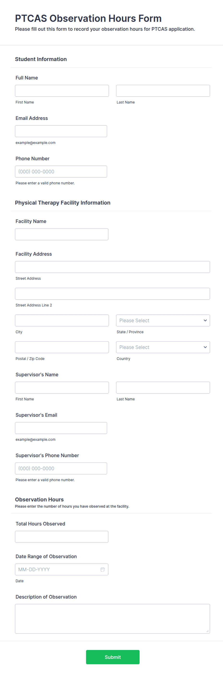 Ptcas Shadowing Form PTCAS Observation Hours Form Template | Jotform