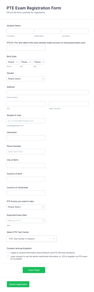 PTE Exam Registration Form Template