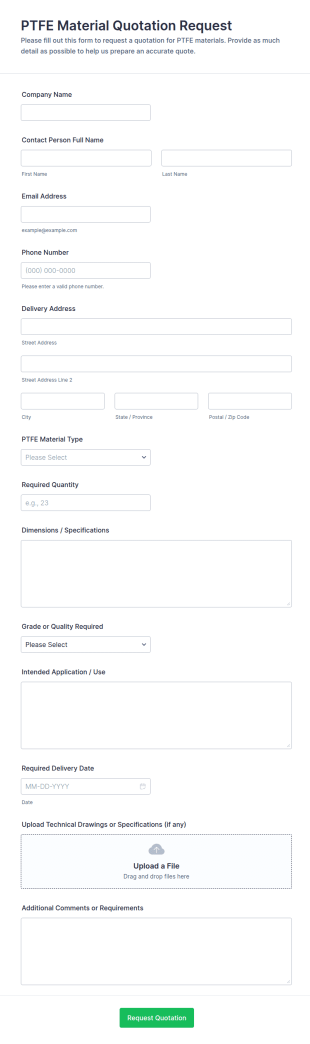 PTFE Material Quotation Request Form Template