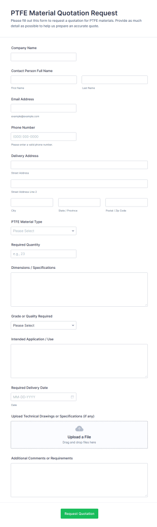 PTFE Material Quotation Request Form Template